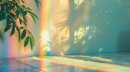Poster - Abstract rainbow light shining through green leaves with copy space text, for nature, home decor, and photography
