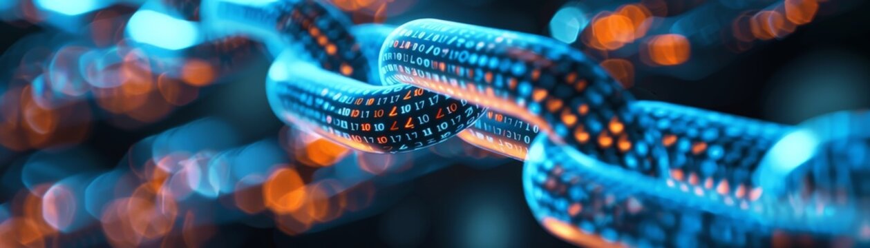 A detailed close-up of a digital blockchain chain with binary code and vibrant bokeh lights in the background, representing technology and security.