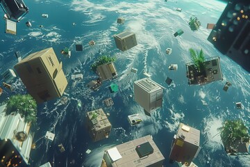 Wall Mural - a space filled with many boxes floating in the air