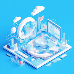 Poster - Isometric illustration of a blue digital world with computer, cloud, and data, for technology, business, and design