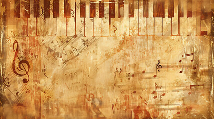 Wall Mural - Vintage piano keys with musical notes and a treble clef, brown and white grunge texture, for music, art, and design