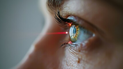 close up of human eye with red laser beam, white background, space for text laser eye surgery