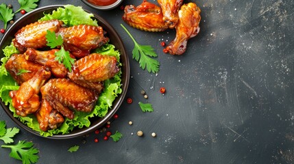 Wall Mural - spicey chicken wings with lettuce on plate. copy space