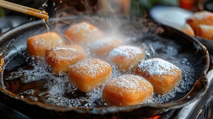 Sticker - Chinese pastries cooking with white sugar sponge cake donut and dough stick in pan