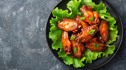 Wall Mural - spicey chicken wings with lettuce on plate. copy space