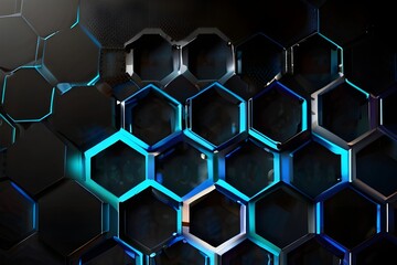 Poster - Dark gray hexagonal technology vector abstract background. Blue bright energy flashes under hexagon in modern technology futuristic background vector illustration. Generative AI