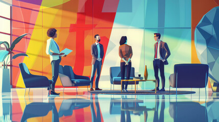 Wall Mural - Dynamic Business Team Meeting in Modern Office Setting, Financial Strategy Discussion Illustration
