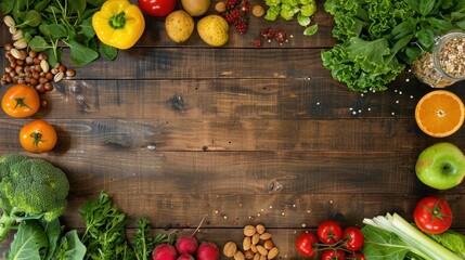 Wall Mural - Overhead view of a balanced diet concept with fresh fruits, vegetables, and nuts arranged neatly on a wooden table.