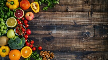 Wall Mural - Overhead view of a balanced diet concept with fresh fruits, vegetables, and nuts arranged neatly on a wooden table. 