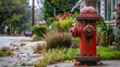 © Paul - Bold red fire hydrant on the curb of a residential side street, charming houses and gardens in the backdrop
