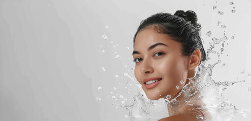 Poster - Beautiful woman with a water splash on a white background, a concept of beauty and skin care, spa or wellness body healing