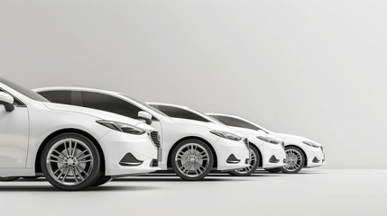 A row of modern white cars in a minimalistic setting, showcasing sleek design and advanced automotive technology for contemporary transportation.