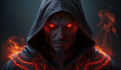 red devil person. a figure who takes life. wearing a black robe, sharp eyes and bright red eyes. vampire 