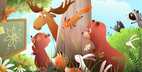 Cute kids animals in forest school lesson under big tree, bear at blackboard. Bear, moose, squirrel, fox and bunnies studying math. Vector cartoon for children preschool, elementary education.