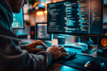 Poster - A person is typing on a laptop with a green and red keyboard. Concept of urgency and importance, as the person is likely working on a critical task or deadline. The bright colors of the keyboard