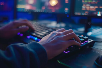 Poster - A person is typing on a laptop with a green and red keyboard. Concept of urgency and importance, as the person is likely working on a critical task or deadline. The bright colors of the keyboard
