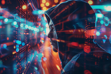 Poster - A man's face is projected onto a computer screen, surrounded by a colorful background. Concept of technology and artificial intelligence, as the man's face is displayed in a digital format