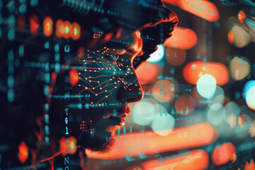 Poster - A man's face is projected onto a computer screen, surrounded by a colorful background. Concept of technology and artificial intelligence, as the man's face is displayed in a digital format