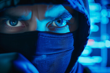 Poster - A man in a hoodie and mask is staring at the camera. The image has a dark and mysterious mood, with the man's face obscured by the hood and mask