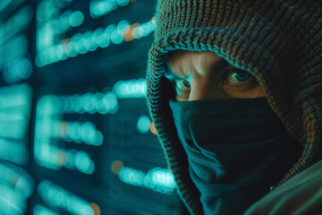Poster - A man in a hoodie and mask is staring at the camera. The image has a dark and mysterious mood, with the man's face obscured by the hood and mask