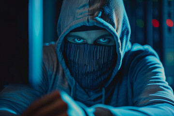 Poster - A man in a hoodie and a scarf is sitting in front of a computer monitor. He is looking at the screen with a serious expression. Concept of focus and concentration