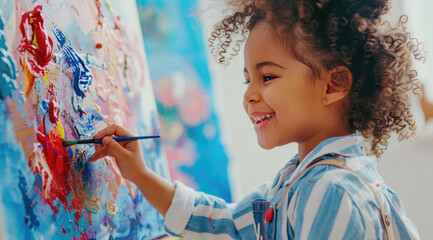 a happy child painting on a canvas, with colorful and joyful expression