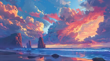 Wall Mural - Colorful clouds in the sky over distinctively shaped cliffs by the ocean at sunset