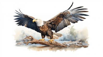 Wall Mural - Watercolor illustration of a bald eagle spreading its wings, perched on a branch over water.