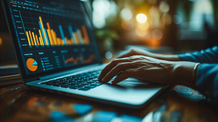 Poster - A person is typing on a laptop with a graph on the screen. The graph shows a downward trend, which could indicate a decrease in sales or a negative outcome