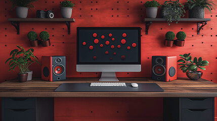Poster - A computer desk with a monitor and speakers on it. The desk is surrounded by plants and has a red wall