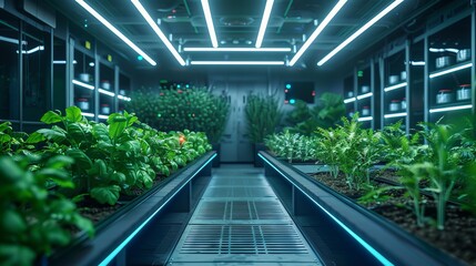 Wall Mural - A sleek and modern smart farming technology research lab with scientists developing automated farming systems