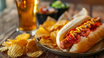 Wall Mural - Tasty hot dog, chips and beer on table. national hot dog day