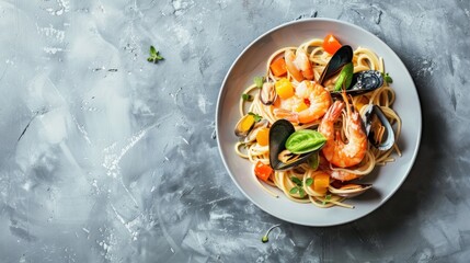 Wall Mural - Overhead view of a seafood spaghetti dish with shrimp, clams, and mussels in a white wine sauce, on a minimalist surface.