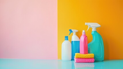 Sticker - Cleaning supplies on bright surface with room for text