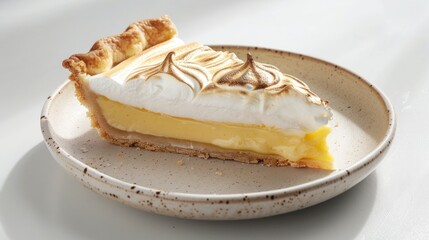 Wall Mural - A slice of lemon meringue pie with toasted meringue peaks and a golden crust, on a minimalist ceramic plate.