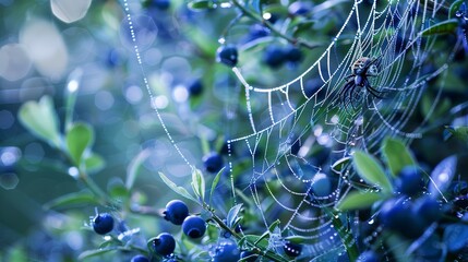 Wall Mural - Spider weaving a web between blueberry bushes, close-up, detailed web and dew drops 