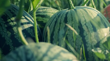 Canvas Print - Organic watermelons in the field, close-up on striped green skin, rich color, clear details