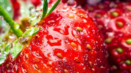 Sticker - Ripe organic strawberries in the garden, close-up, bright reds and detailed seeds, morning dew 