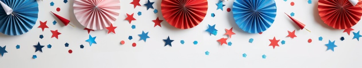Wall Mural - American Federal Holiday Banner Design with American Flag, Colorful Paper Fans, and Fireworks Rockets on White Background. Happy Independence Day, Presidents' Day, Labor Day Concept, Celebrating New Y