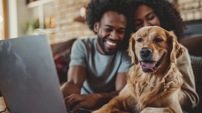 Homeowners Engaged with a Computer While Their Cute Dog Joins, Emphasizing Comfort, Technology, and Companionship in a Modern Household