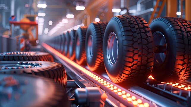 A conveyor belt in a factory is loaded with tires and wheels