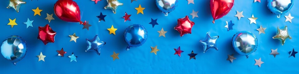 Wall Mural - Happy Independence Day Concept with Top View of Foil Balloons in American Flag Colors on Blue Background. Celebrating Presidents' Day, Labor Day, New Year, National Holiday, Election Concept, Christma
