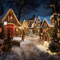 Wall Mural - Beautiful Christmas village decorated with lights and snow in the evening.