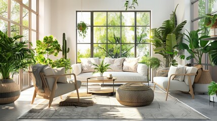 biophilic design in living rooms. How do connections to nature, such as natural materials, indoor plants, and views of greenery,