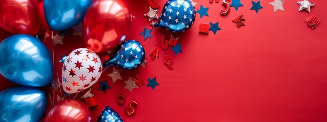 Wall Mural - Happy Independence Day Concept with Top View of Foil Balloons in American Flag Colors on Red Background. Celebrating Presidents' Day, Labor Day, New Year, National Holiday, Election Concept, Christmas