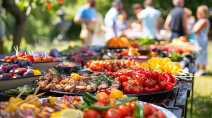 Wall Mural - A colorful array of grilled vegetables and meats arranged on platters, with people in the background socializing at a cheerful garden party.