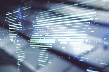 Poster - Double exposure of abstract digital world map on blurry metal background, research and strategy concept