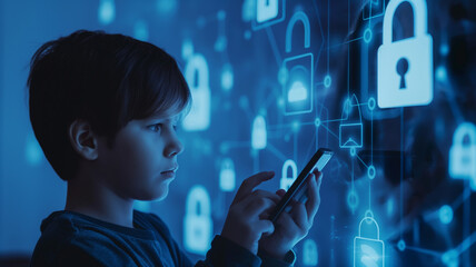 Child Interacting with Smartphone and Cybersecurity Icons
