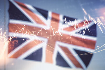 Poster - Multi exposure of virtual abstract financial graph interface on British flag and sunset sky background, financial and trading concept