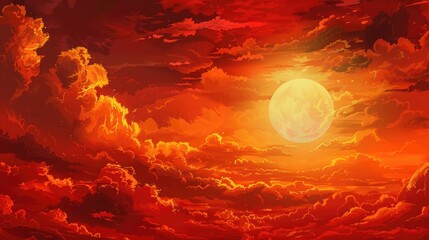 Wall Mural - Red Evening Sky with Sun and Clouds